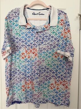 Robert Graham White Polo with Multicolor Floral Geo Print